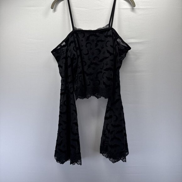 ROMWE Women's Top S Black Velvet Burnout Whimsigoth Whitchy Gothic Bell Sleeves - Picture 5 of 9